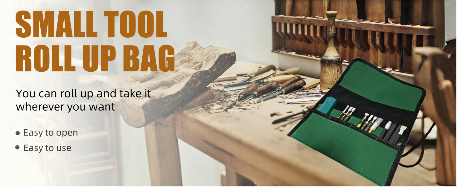 Small Canvas Chisel Roll, Chisels Bag Tool Organizer with 4 Pockets, Metal Pry