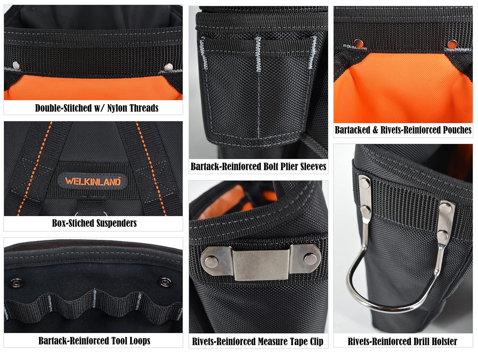 WELKINLAND 39Pockets Tool belts for men with One Size, Black W/ Orange