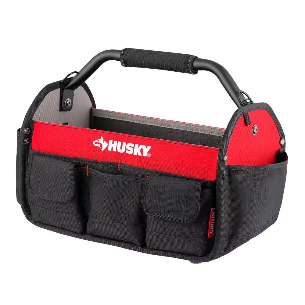 Husky Tool Bag 17 in 18 Pocket Open Top Padded Handle Weatherproof Polypropylene