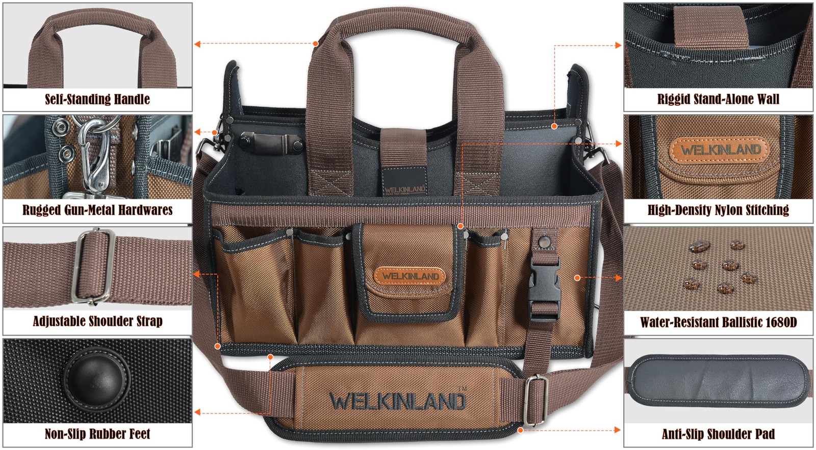 WELKINLAND 20-Pockets Tool Tote Bag, 16″ Electrician Black/Brown