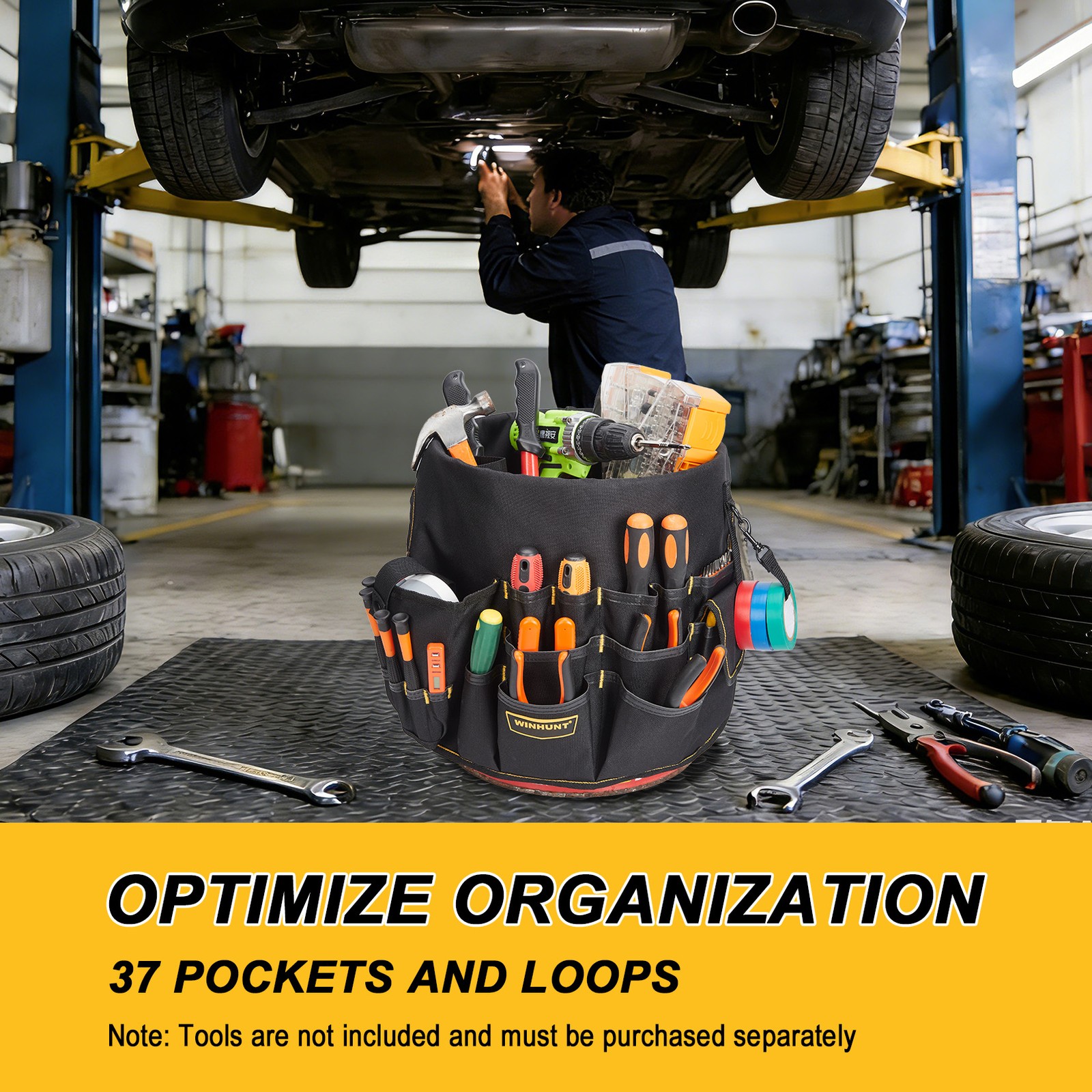 Oxford Cloth Tool Bag,11.8″ Bucket,Multi-Pocket Heavy-Duty Storage Bag, Black