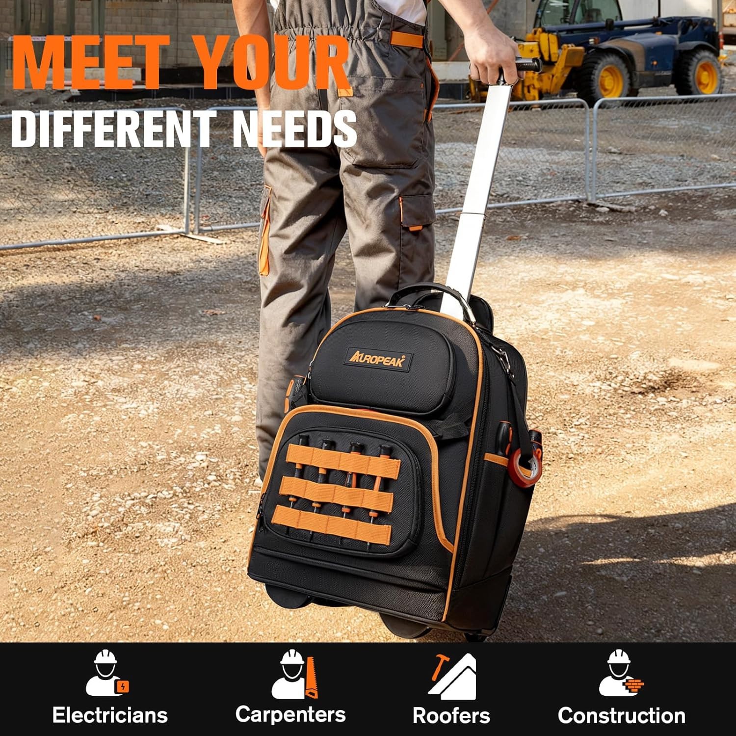 AUROPEAK 2-In-1 Rolling Tool Backpack, Heavy Duty, 47 Pockets, 1680 D, w/ Wheels