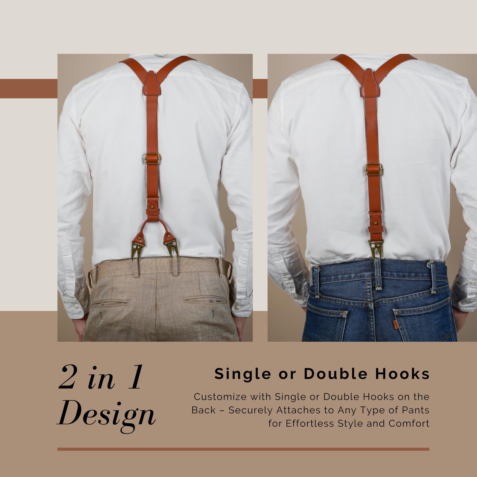 SAIGON handicraft Leather Suspenders Adjustable length (32″ to 54″), Brown