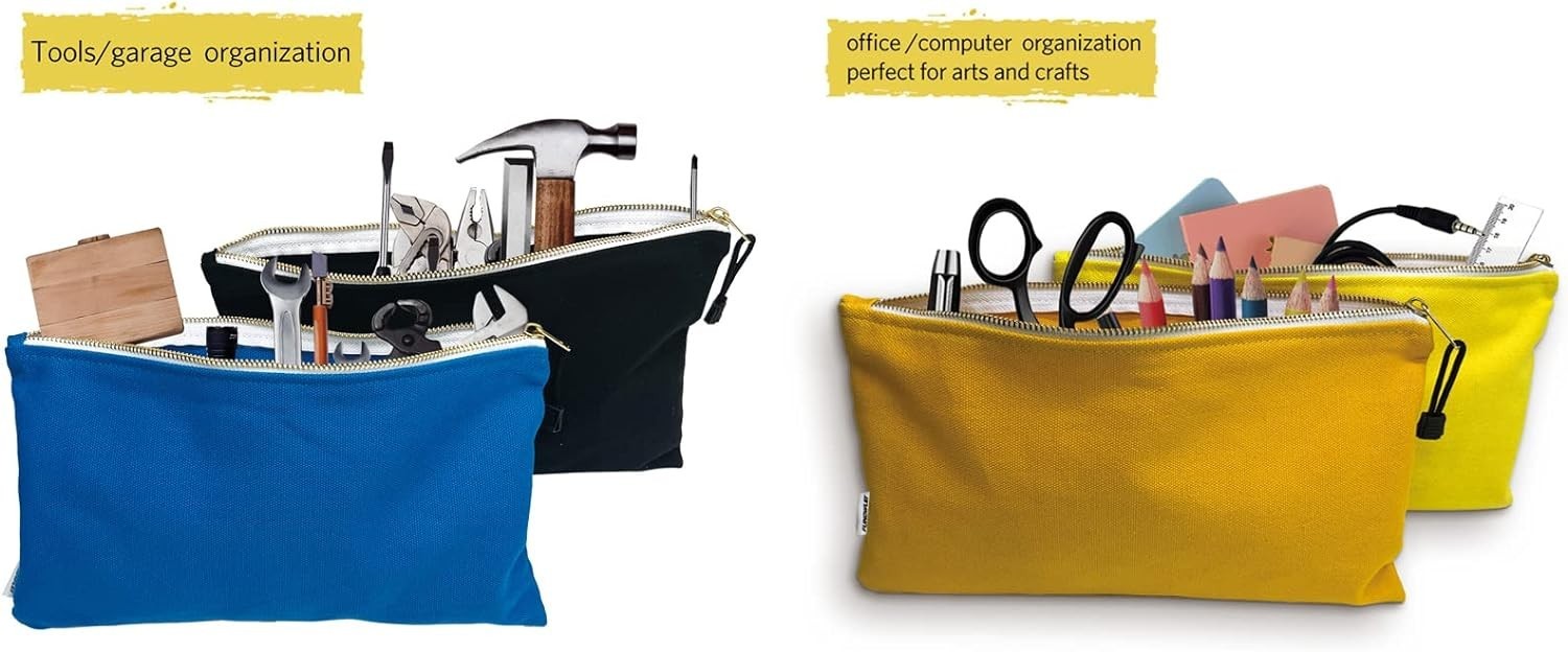 Washable 6 Pack Canvas Tool Bag Set – Heavy Duty, Durable, 12.5 x 7-Inch Pouches