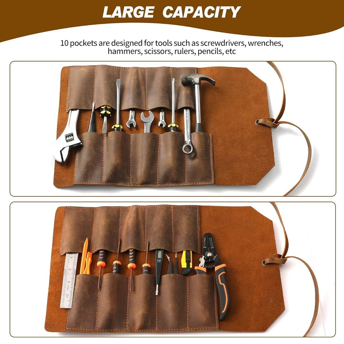 Leather Tool Roll Up Pouch 10 Slots Leather Tool Wrench Roll/Chisel Bag Portable