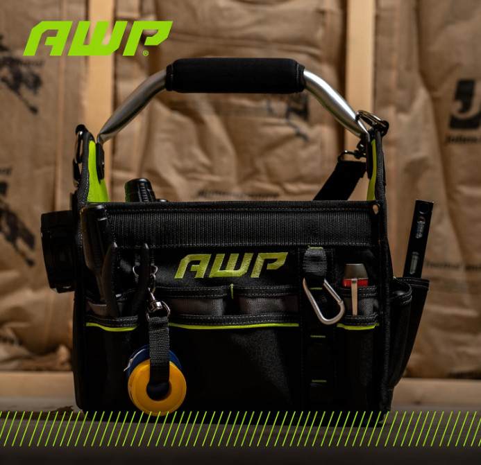 AWP 12″ Pro Tool Tote, Rotating Handle, Water-Resistant, Black/Green