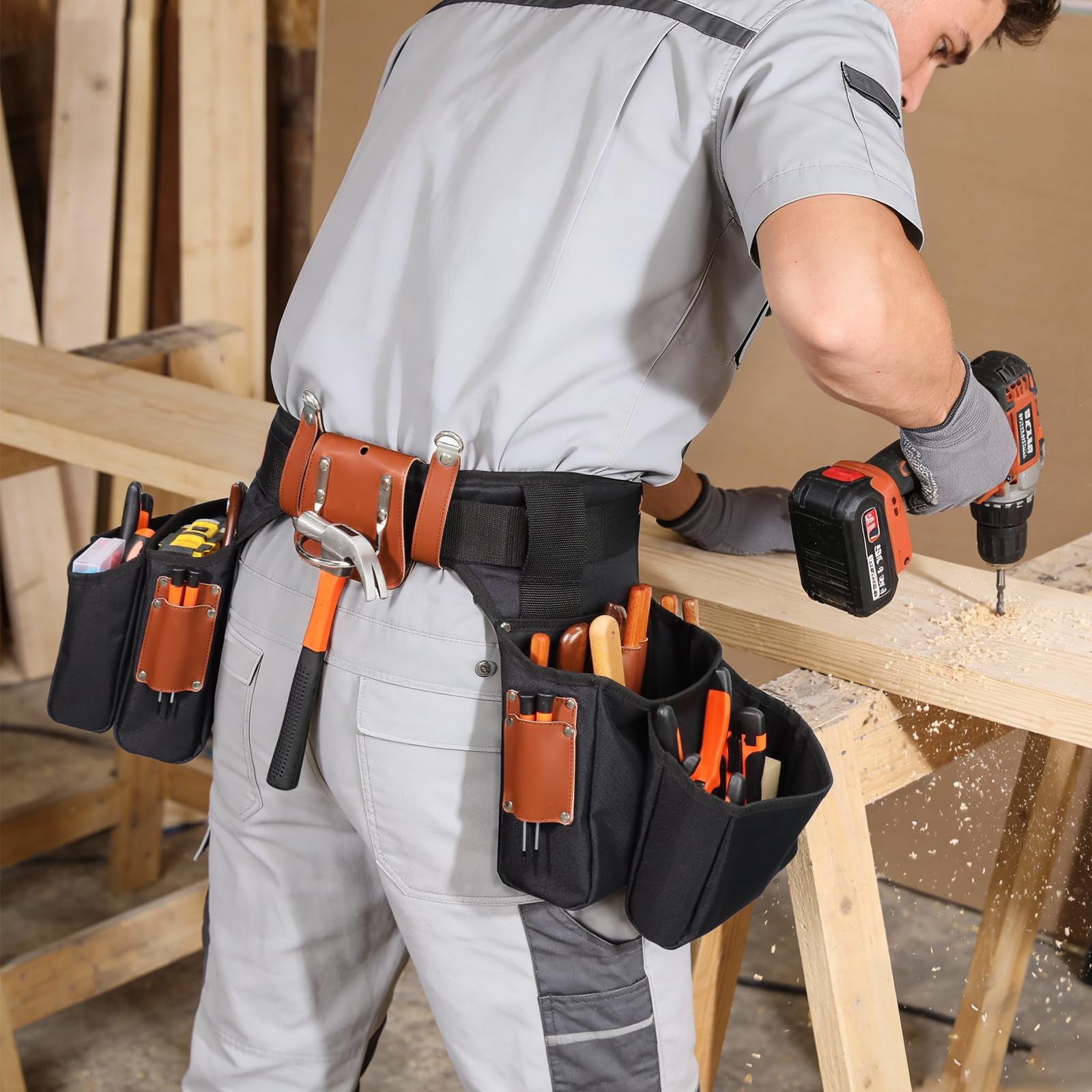 PU Leather Tool Belt, 23 Pockets Work Tools Bag Belts for Men Heavy Duty Wais