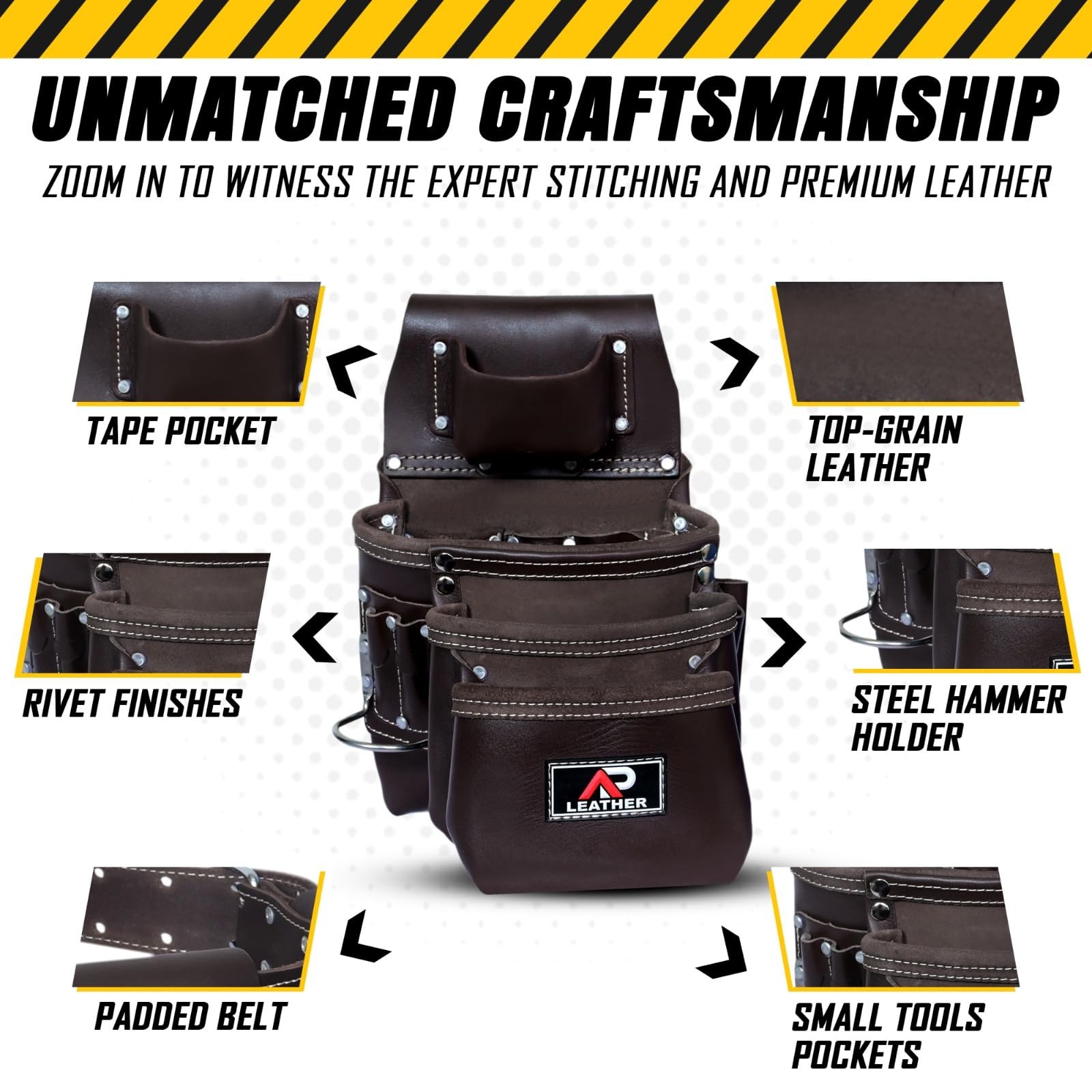 -015 Leather Tool pouch For Construction,Heavy Duty Hammer Holder,Buckle,3 Po…