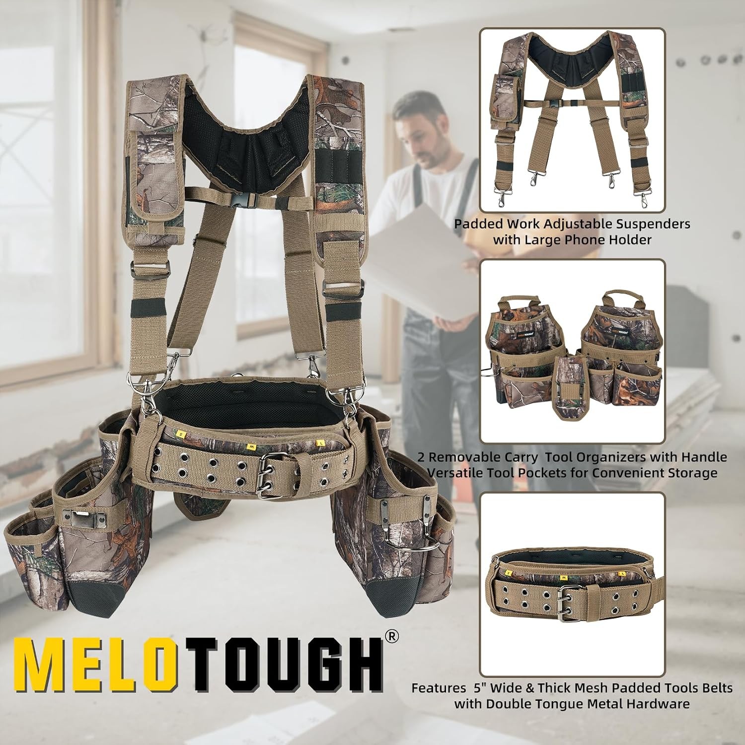 Camo Tool Belt with Suspenders, Heavy Duty Carpenter Tool Pouch
