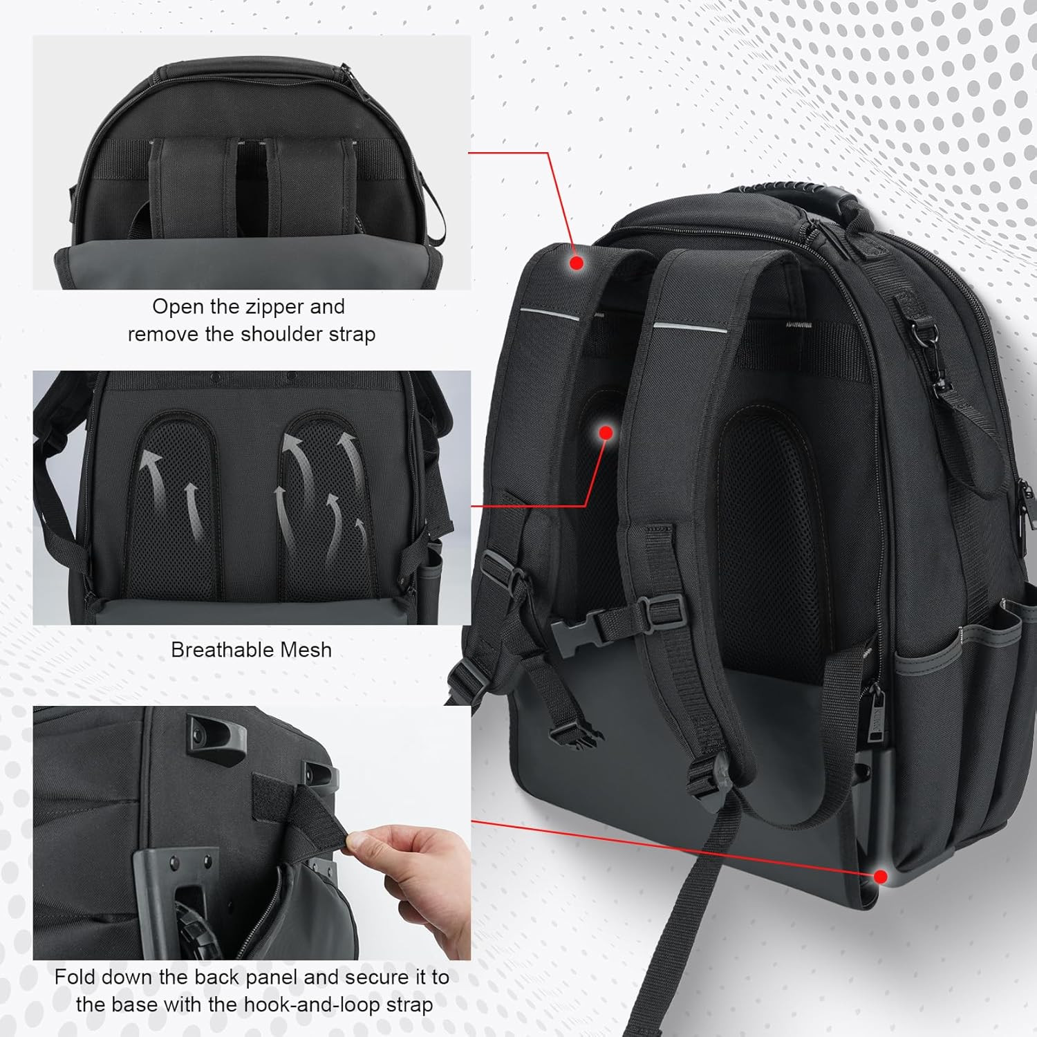 Waterproof Heavy Duty Rolling Tool Backpack with 47 Pockets – Black