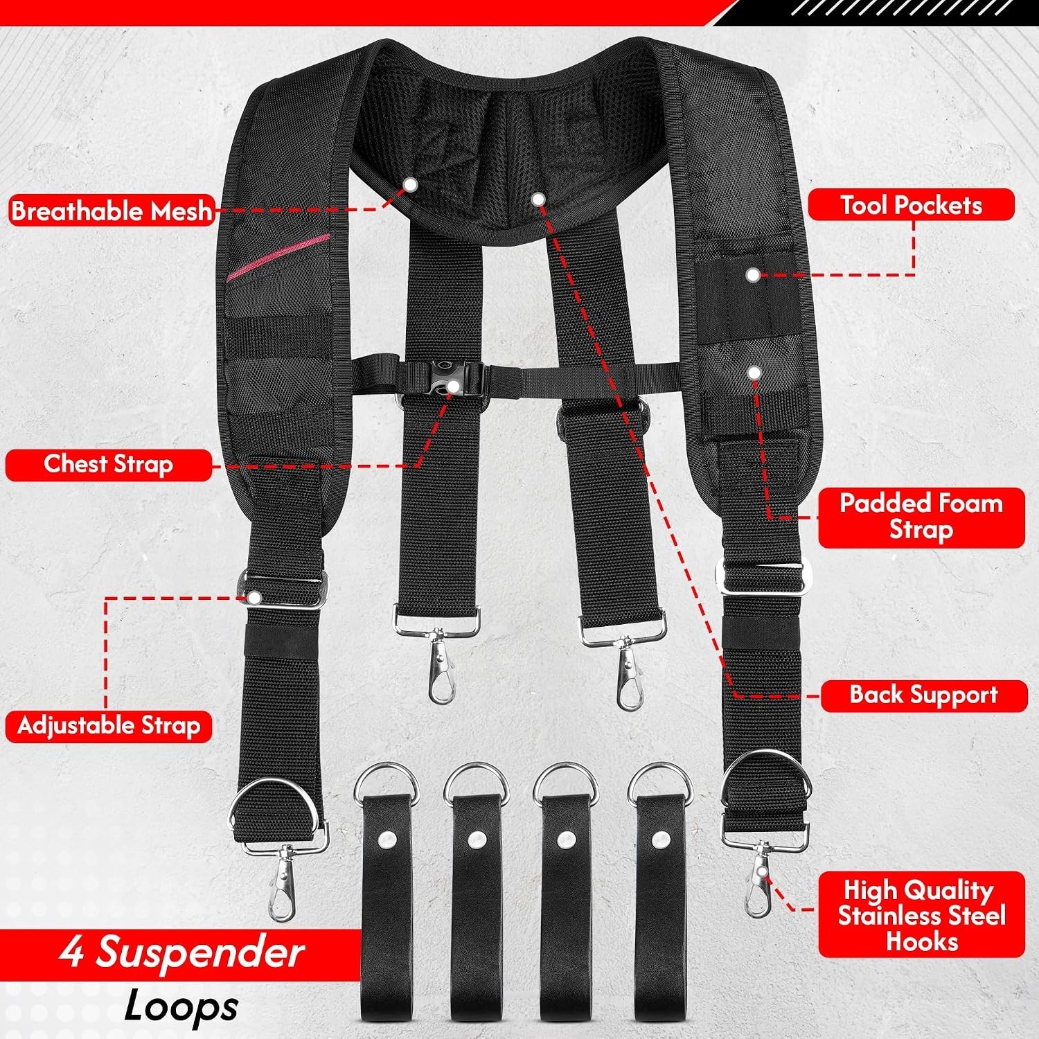 Tool Belt, 22 Pockets Tool Pouch with Suspenders for Men, Heavy Duty Adjustable