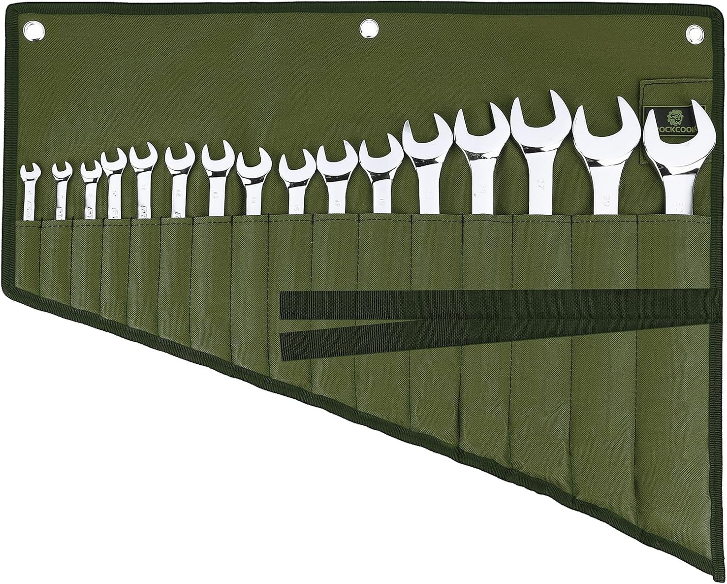 Wrench Roll Organizer 16-Pocket Waterproof Oxford Cloth Tool Pouch Roll-Up Green