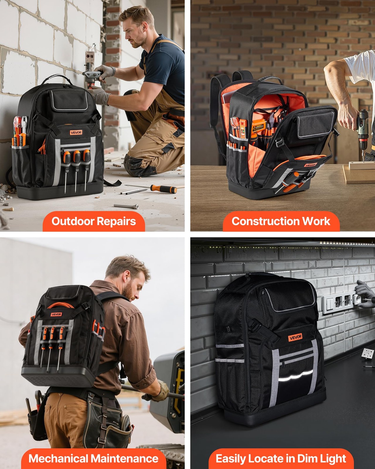 VEVOR Tool Backpack, 56 Pockets, Heavy-duty Tools Storage 56 Black