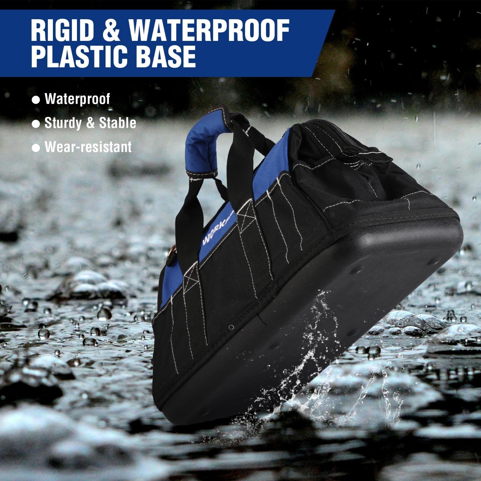 16″ Wide Mouth Tool Bag with Waterproof Base | Multi-Pocket, Heavy Duty, Adjusta