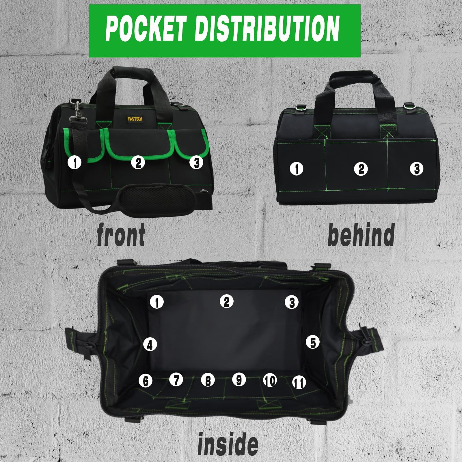 FASTECH 20 Inch Tool Bag With Comfortable Shoulder Straps, 20IN, Green