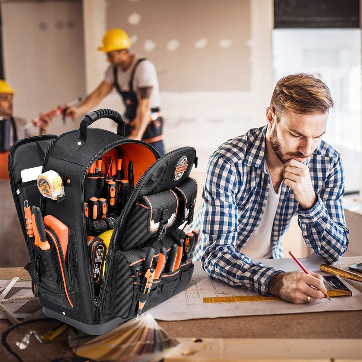 Tool Backpack Heavy Duty, Backpack Tool Bag Organizer with 89 Pockets & Loops, L