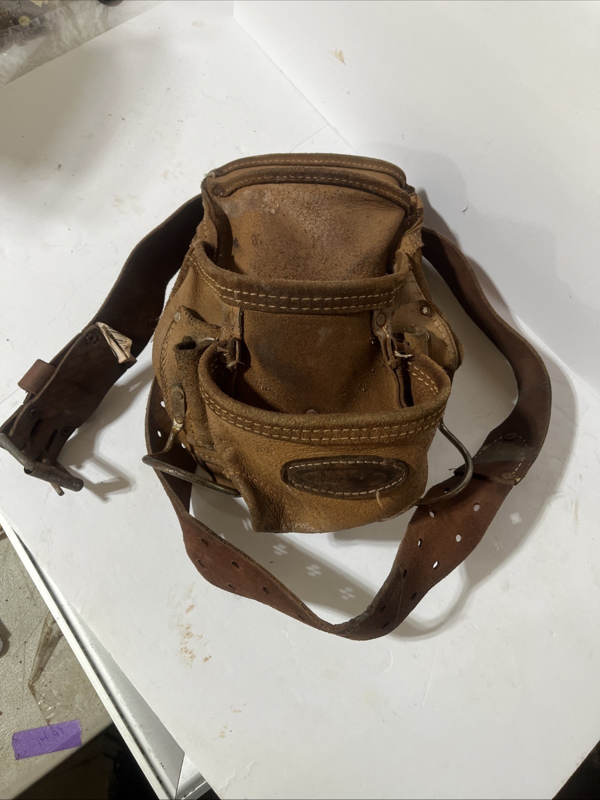 MCGUIRE NICHOLAS CARPENTERS TOOL POUCH BELT LEATHER 4 POCKET HAMMER LOOPS PENCIL