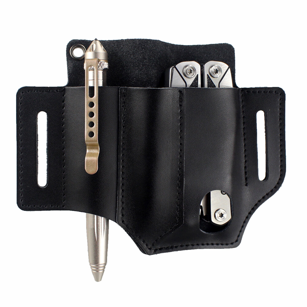 Tactical Tools Sheath Pouch 3 Pockets Leather Belt EDC Pocket Pen Knife Holder