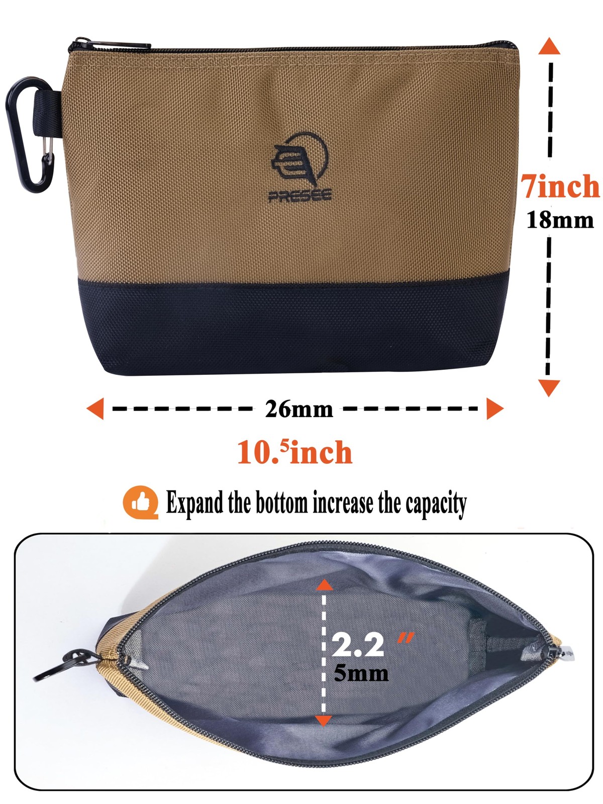 Heavy Duty Zipper Tool Pouch Bag 1680D Carabiner Organizer 10.5 In 2 PCS