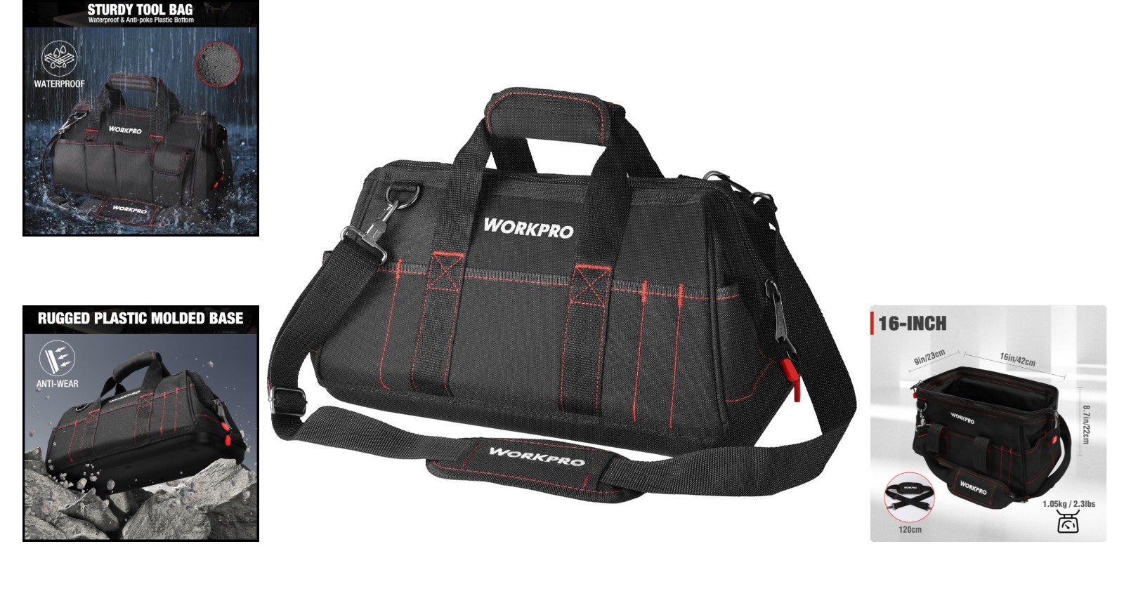 16-inch Wide Mouth Waterproof Tool Bag with Padded Handle & Adjustable Strap