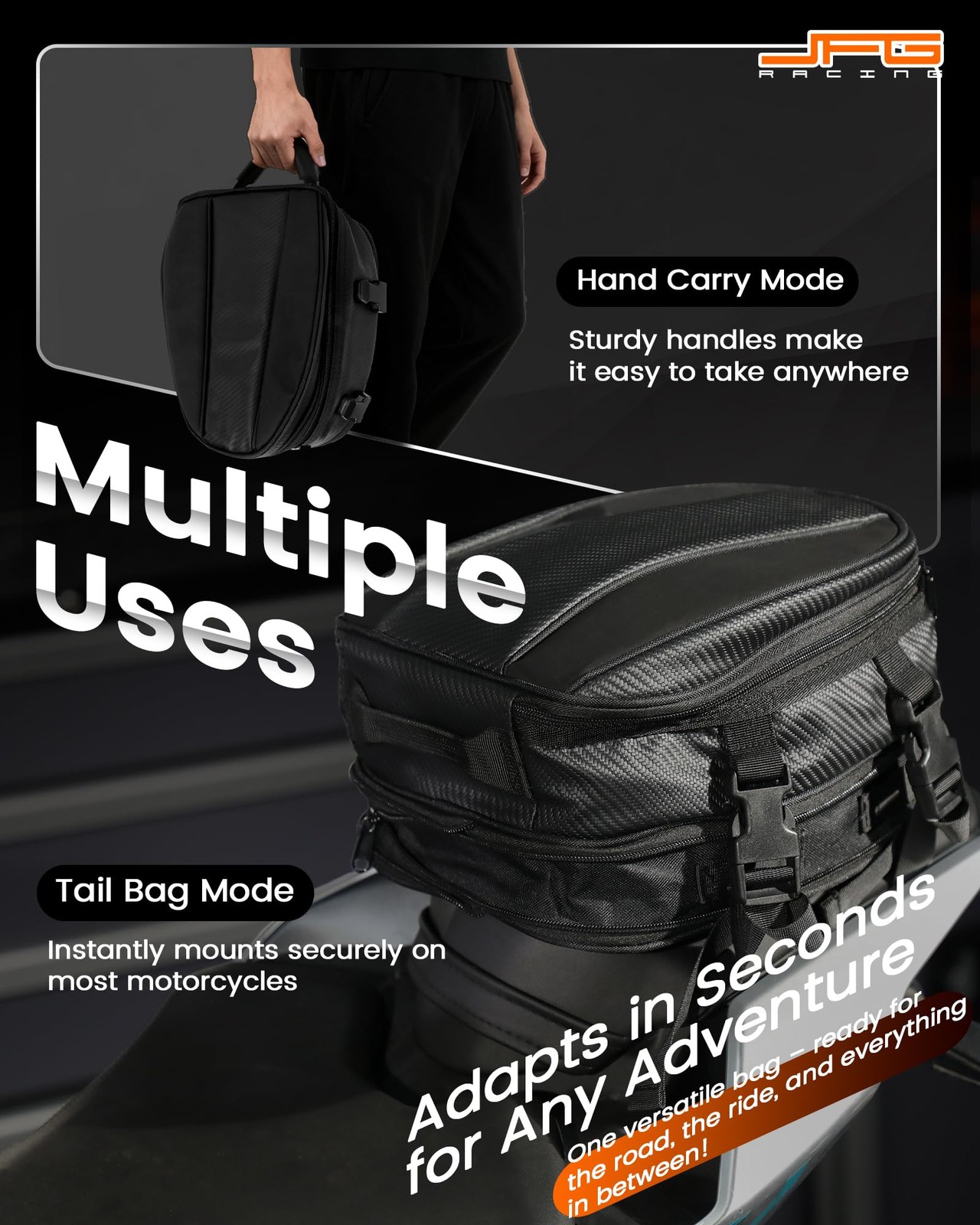 JFG RACING Motorcycle Tail Bag,12L Dual Use Seat Helmet Bag Backpack Universa…