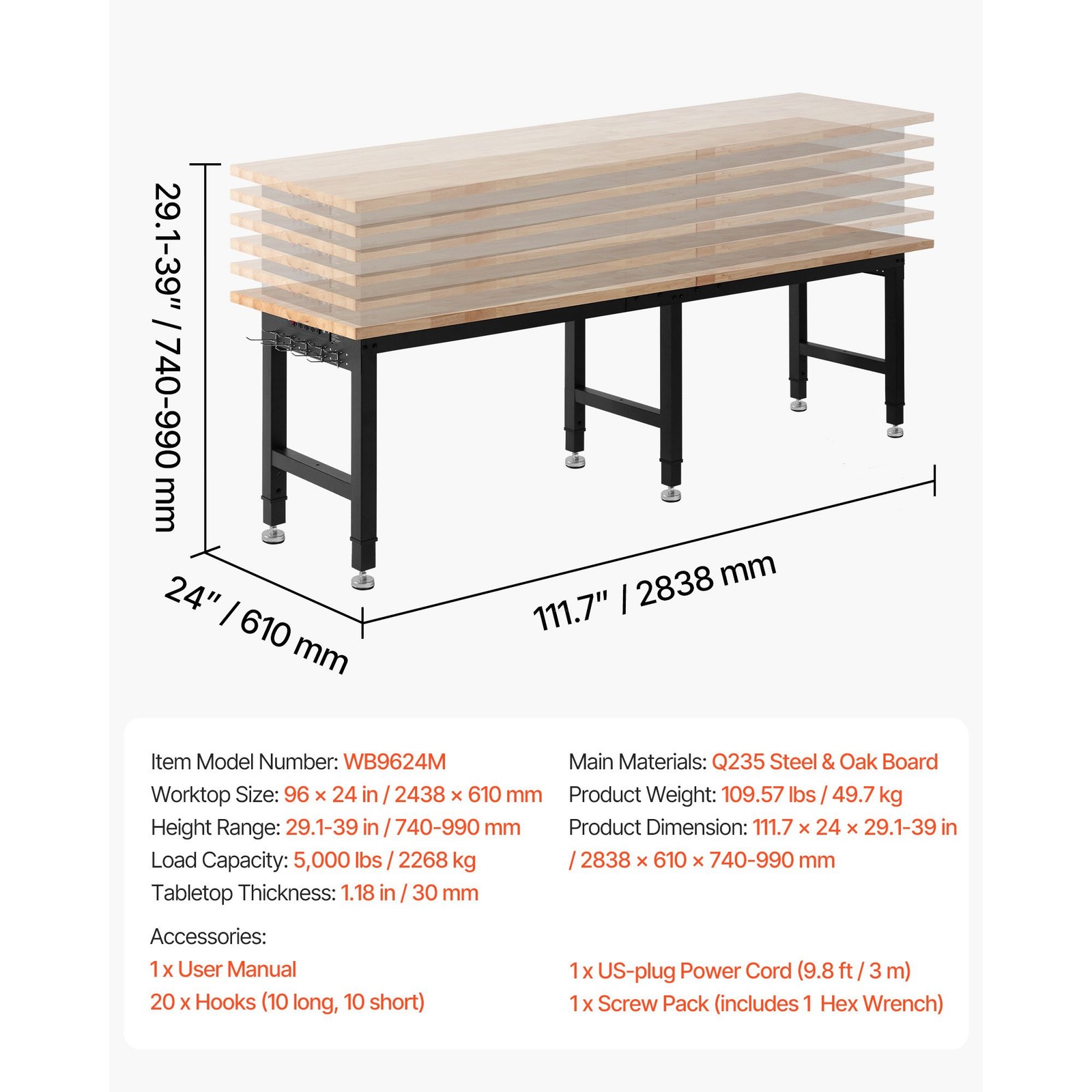 Adjustable Workbench, 5000 lbs Capacity, 96 x 24 Inch Oak Wood Top Workstation