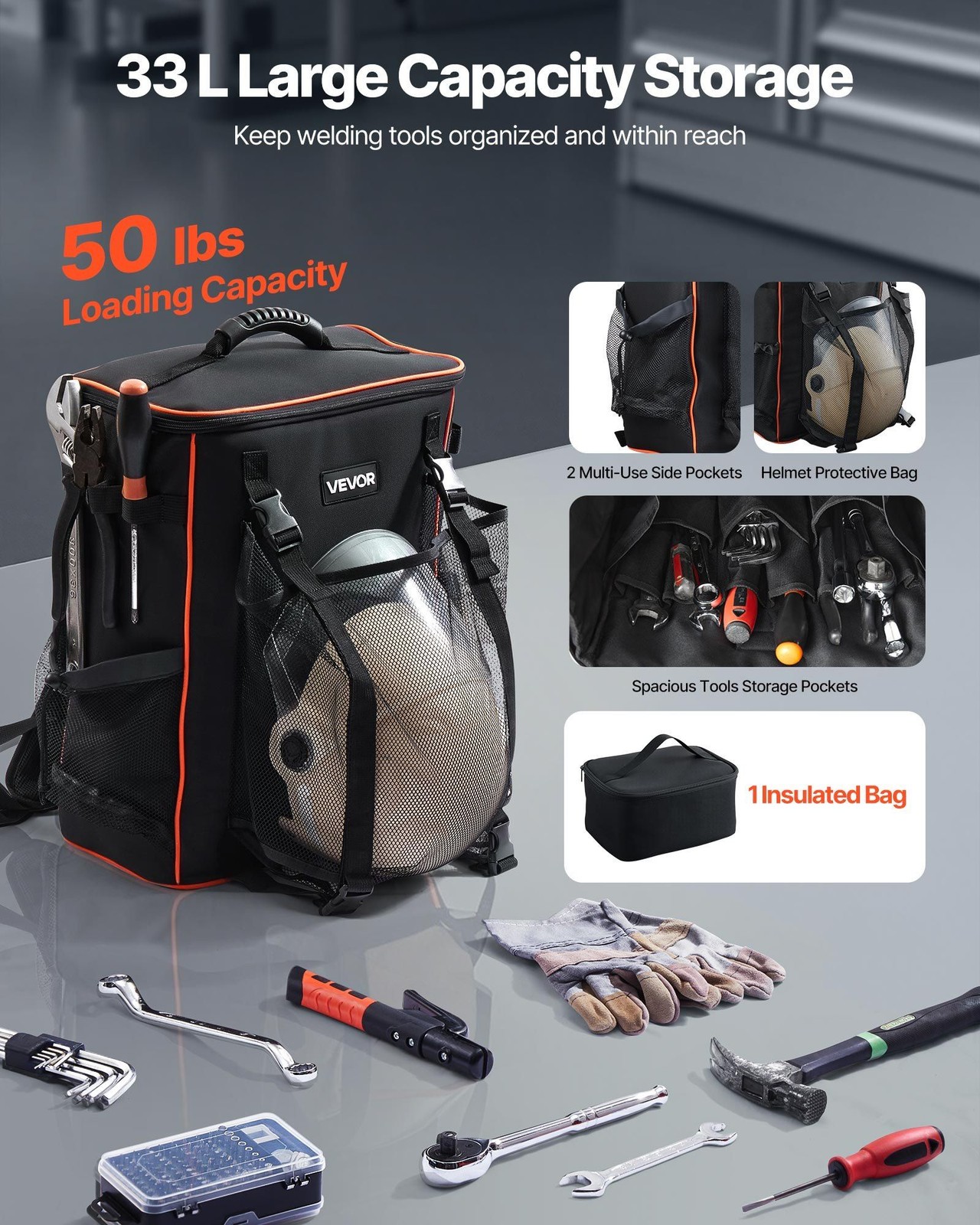 Functional Welding Backpack 35.6L 600D Shell Holds Gear with Helmet Space