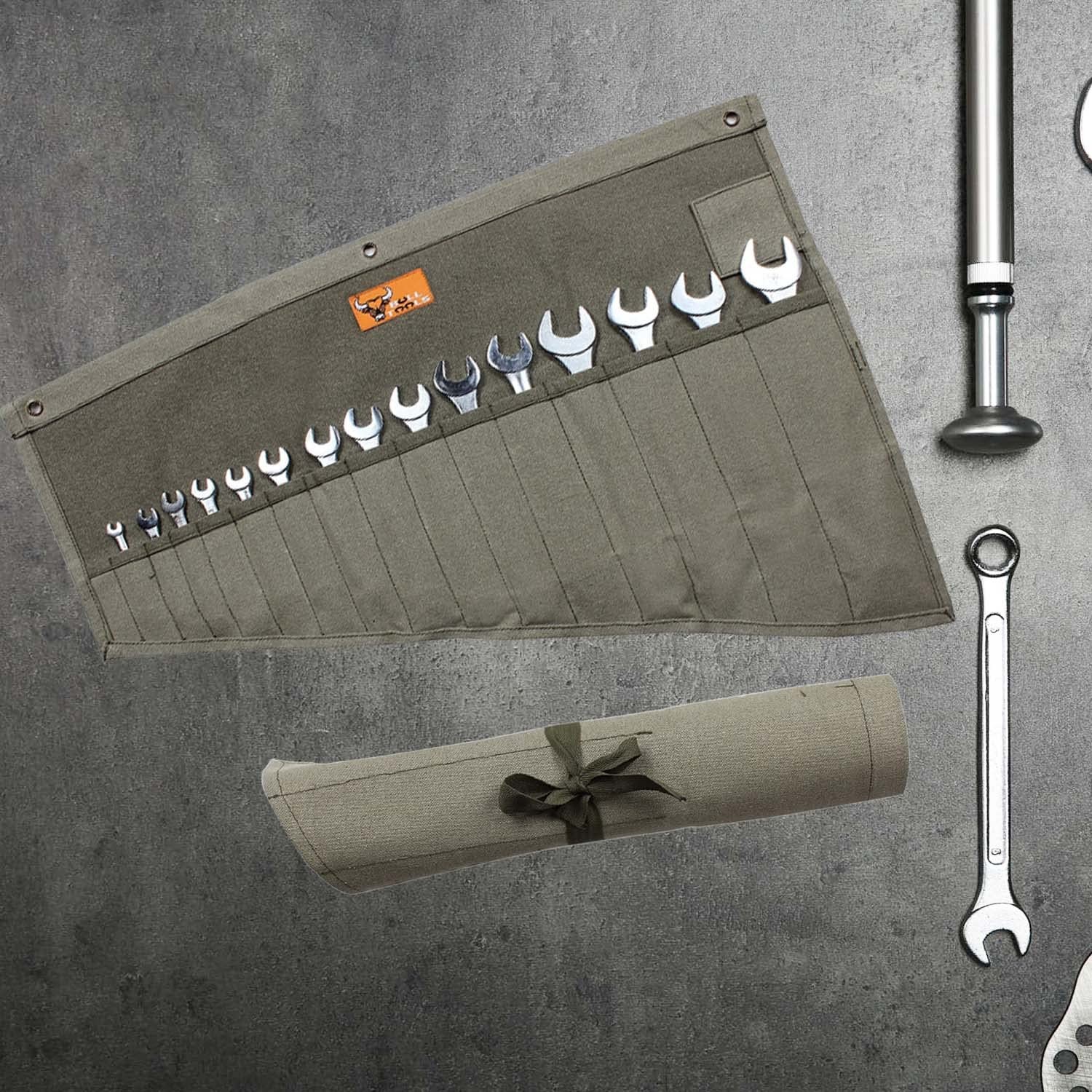 BULL TOOLS Wrench Roll, 16 Pocket Tool Large (16 – PKT), Washed Olive Drab