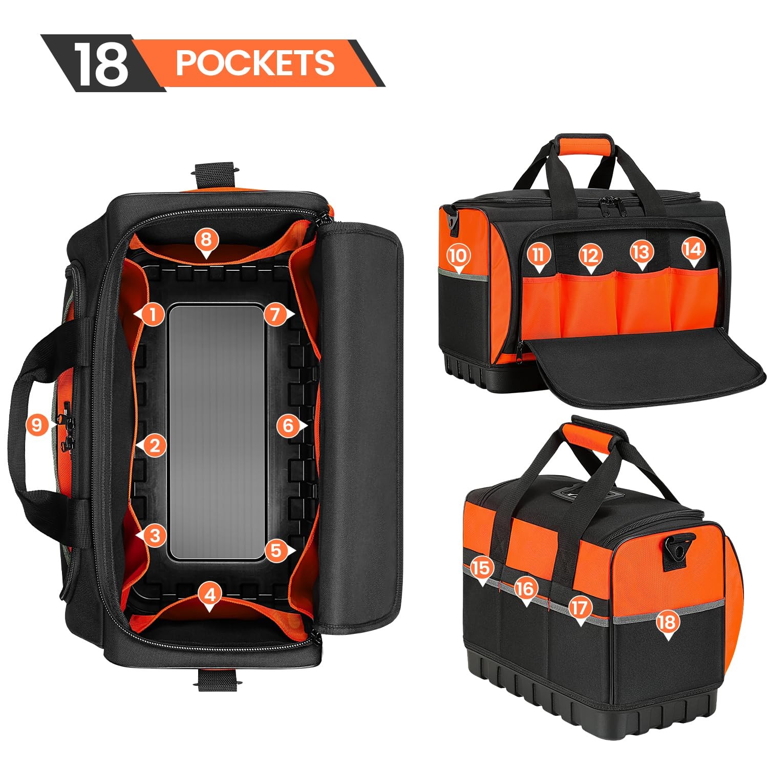 Large Tool Organizer Bag 18 Pockets 15.7×11.4×9.8 Inch 600D Black Orange