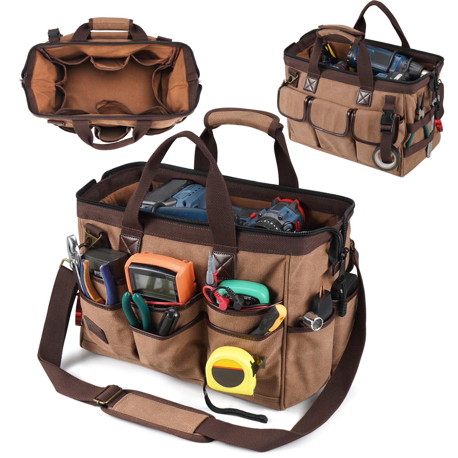 Canvas Large Electrician Tool Storage Bag Large-Opening Tool Bag Tote Crossbody