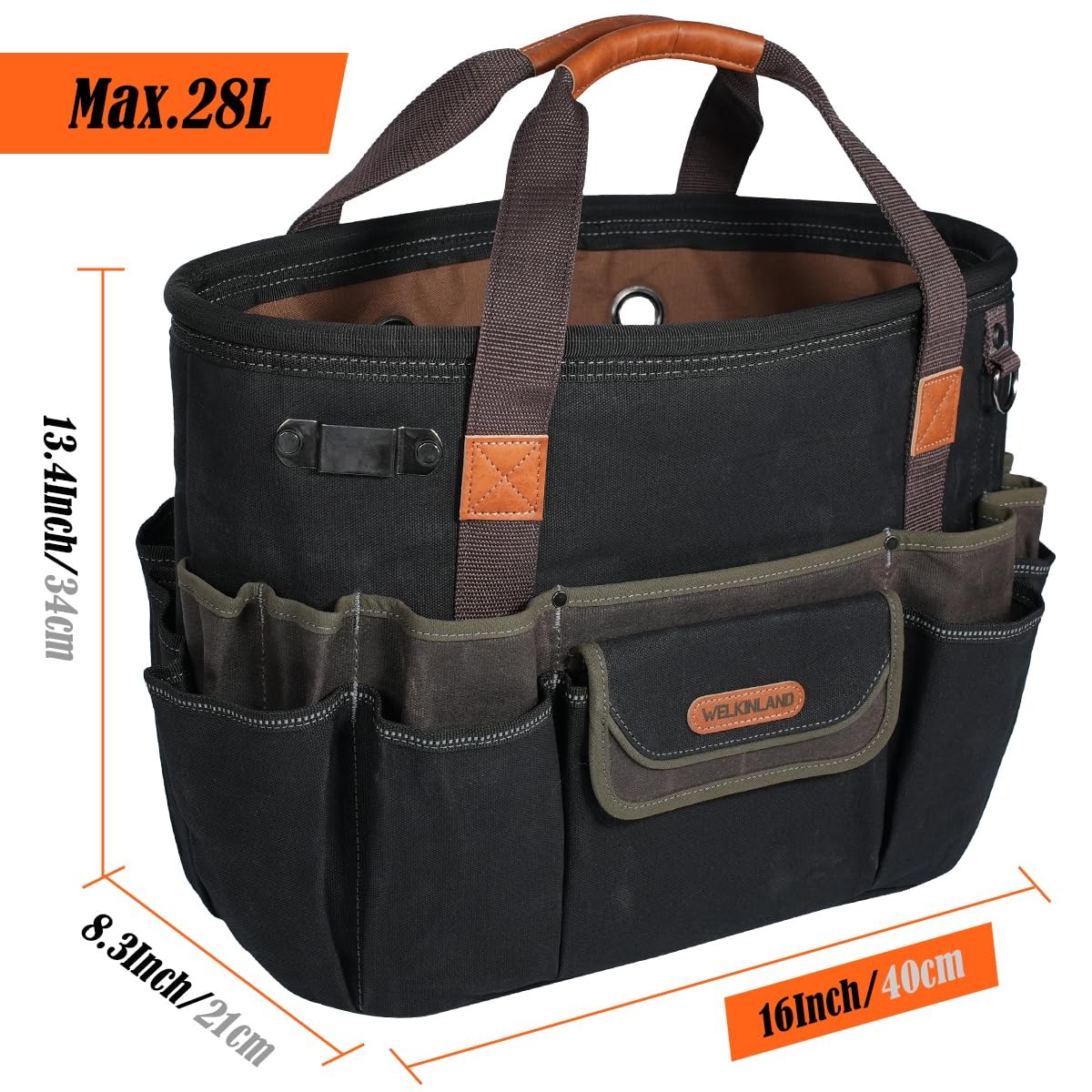 WELKINLAND 42-Pockets Electrician 16 inches, Waxed Black w/ Brown & Green