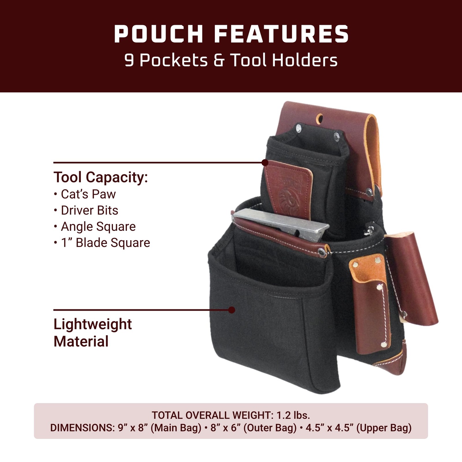 OxyLights 3 Pouch Pro Fastener Bag – Black – 9 Pockets & Tool Holders – Made in