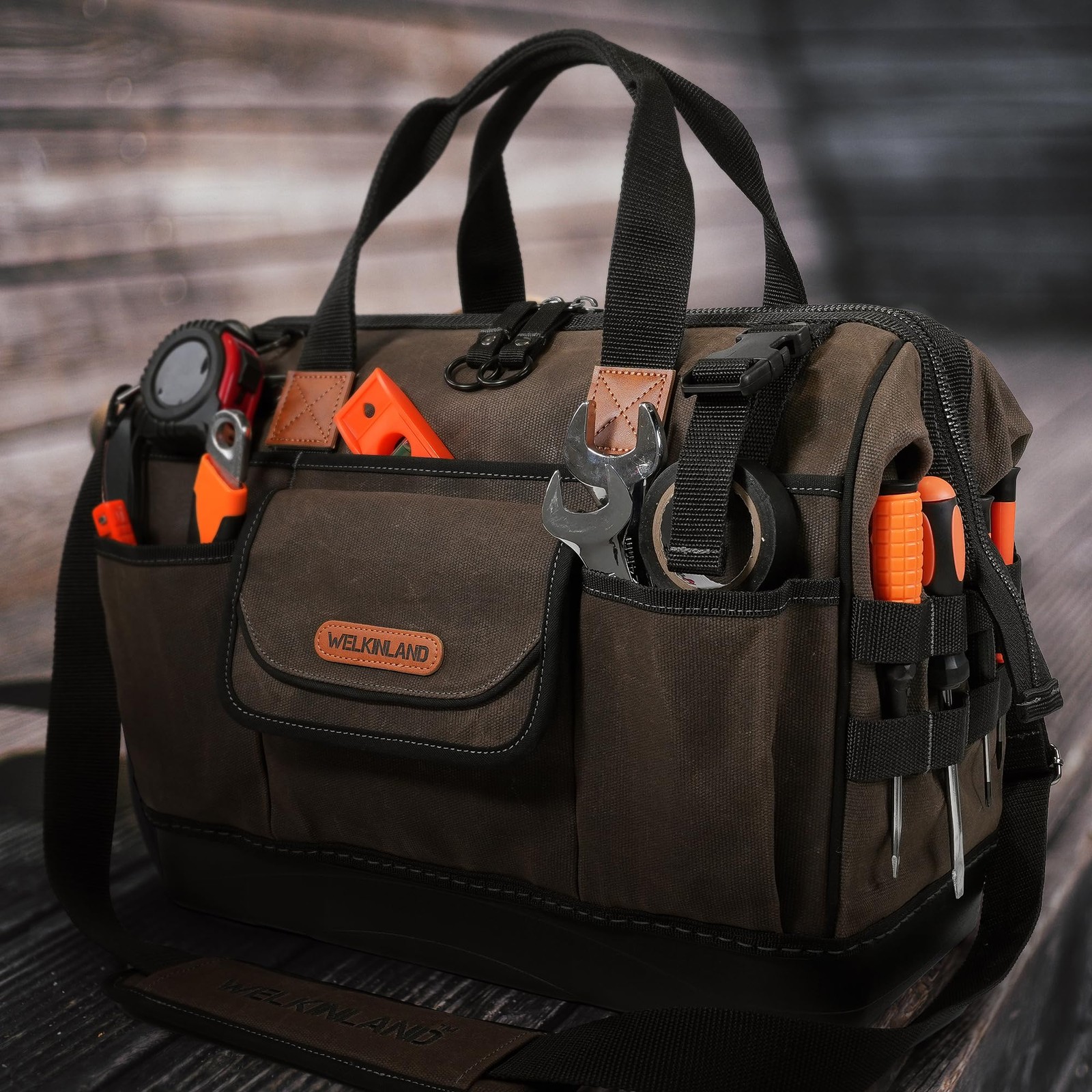 45-Pockets Waxed Canvas Tool Bag, 16-Inch Heavy-Duty Electrician Tools bag, H…