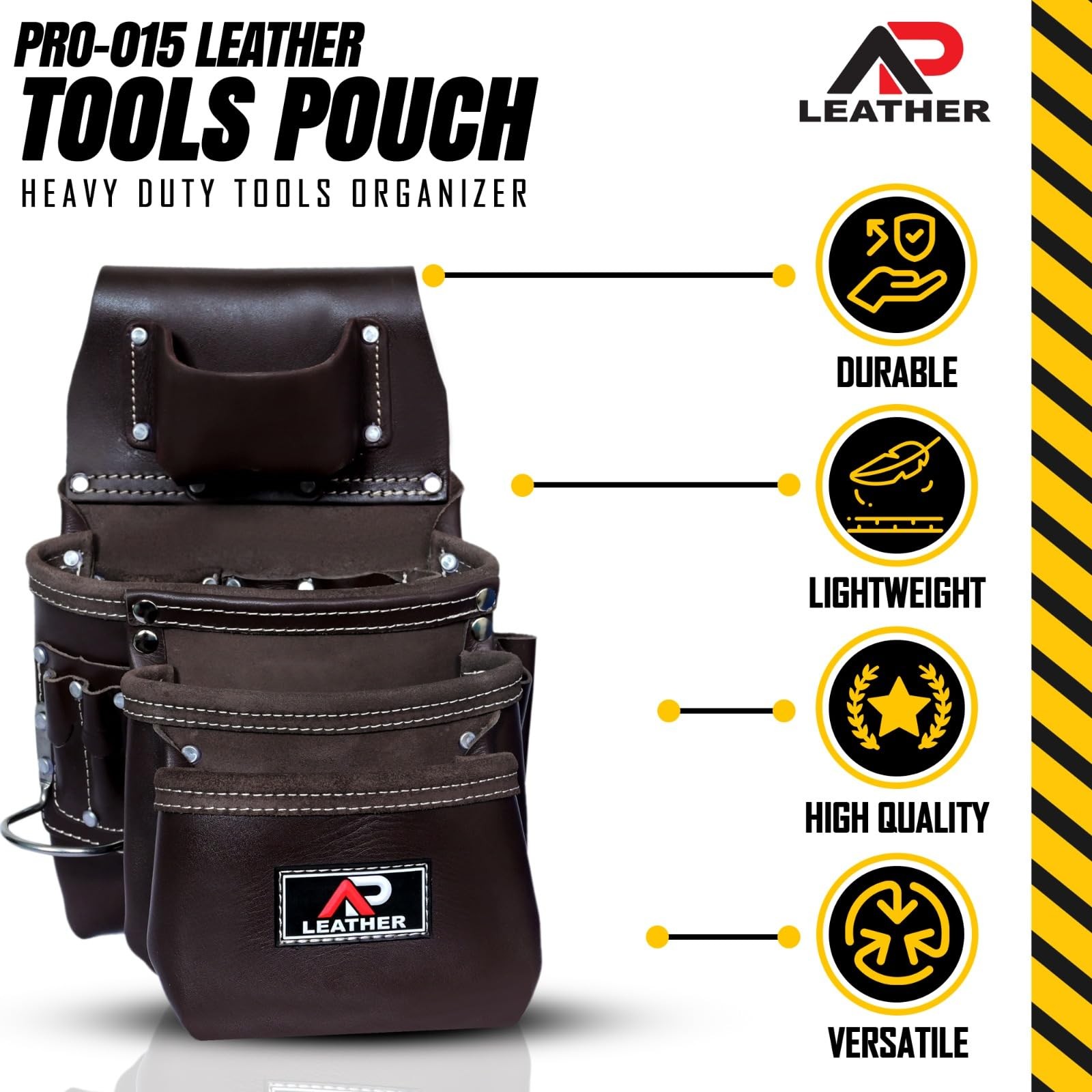 -015 Leather Tool pouch For Construction,Heavy Duty Hammer Holder,Buckle,3 Po…