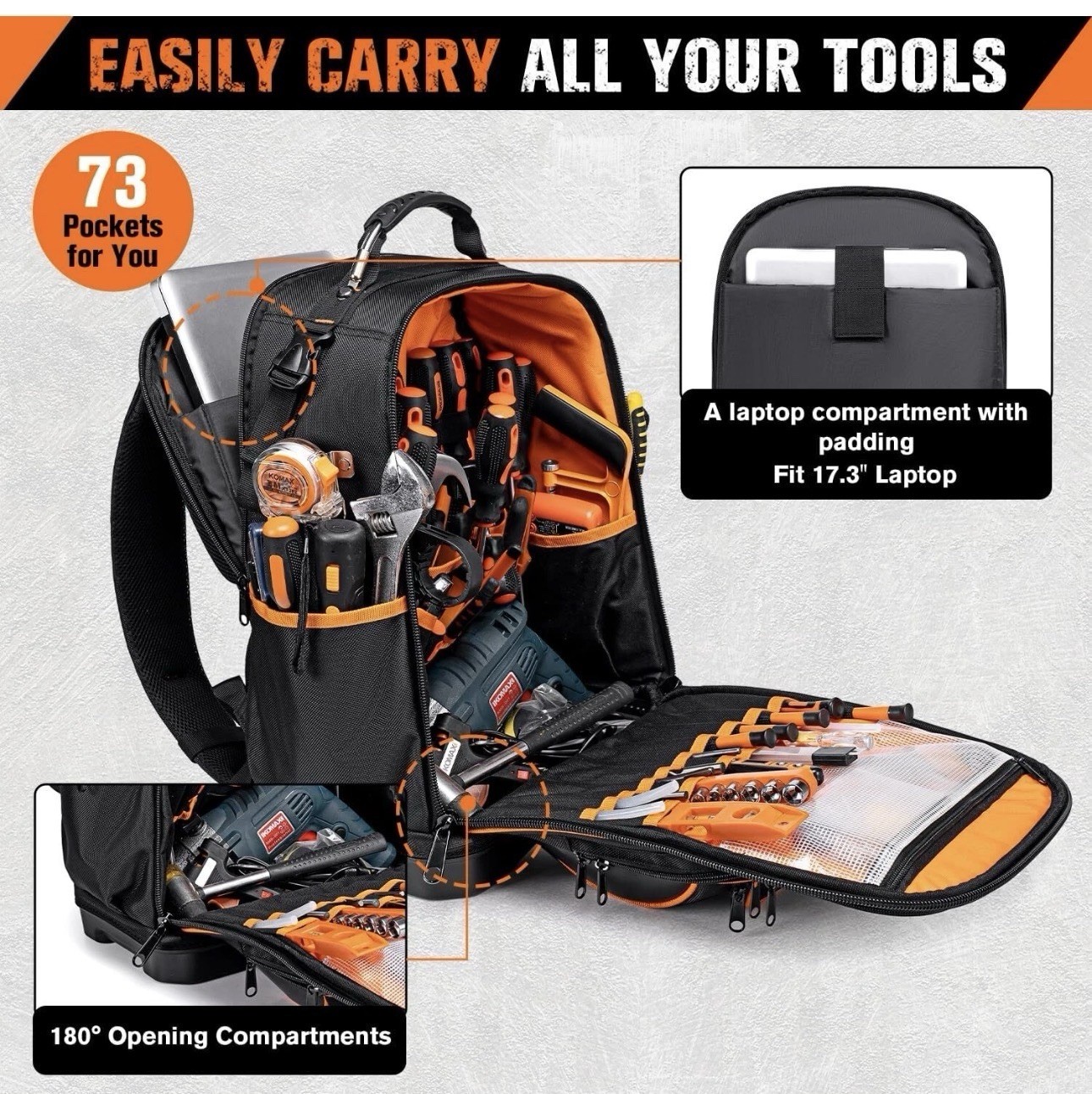 VEVOR Rolling Tool Backpack 72 Pockets Heavy Duty Roller Tool Bag on Wheels