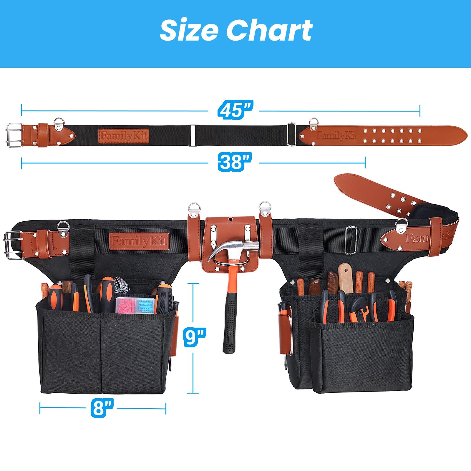 PU Leather Tool Belt, 23 Pockets Work Tools Bag Belts for Men Heavy Duty Wais