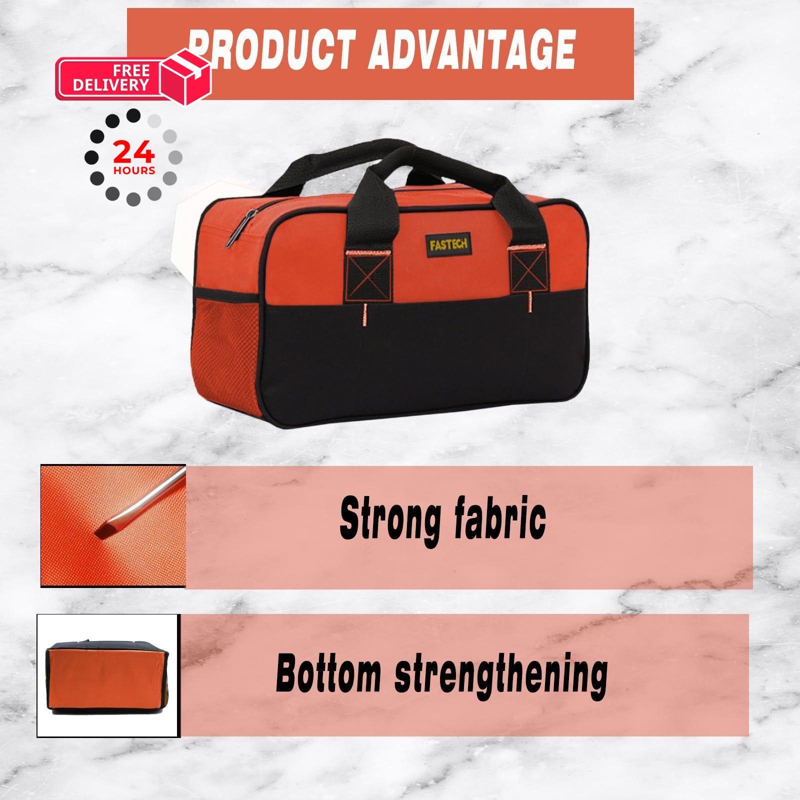 FASTECH 14 Inch Small Tool Tote Bag, Wide Mouth Zipper Orange, Orange