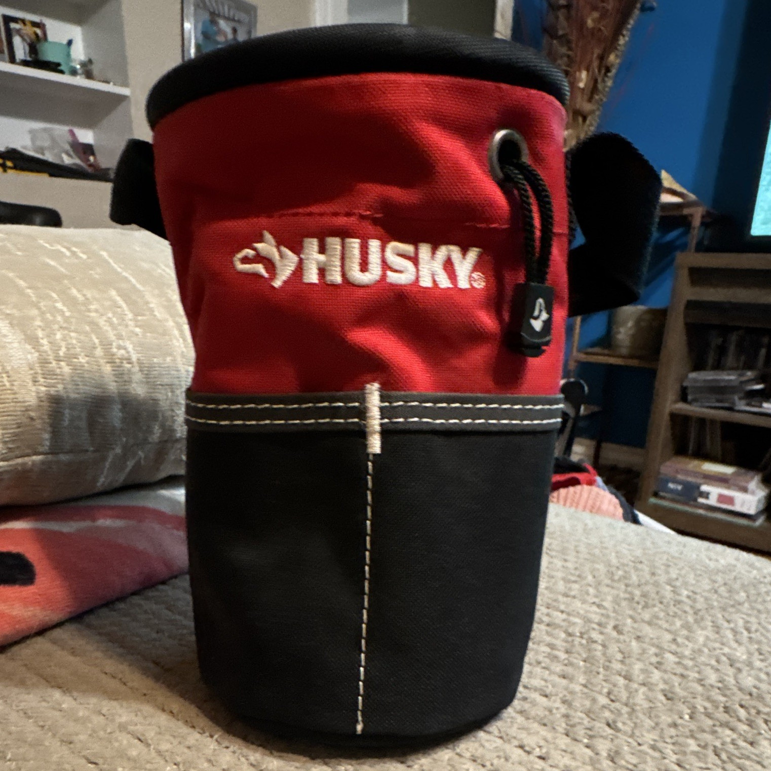 Husky Red/Black Fabric Tool Belt Pouch with Drawstring Closure