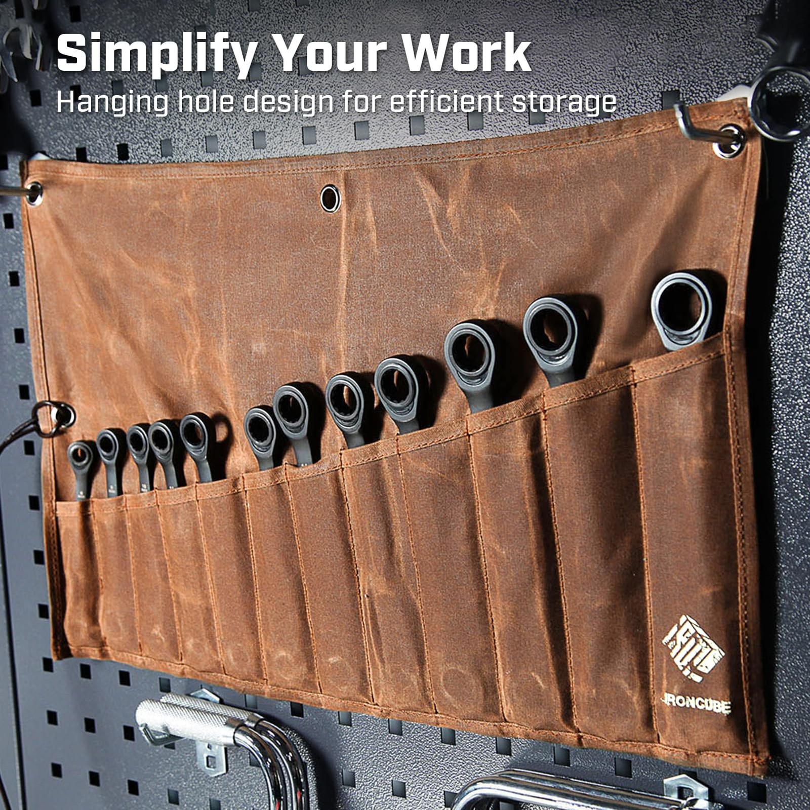 IRONCUBE Tool Pouch, 12 Pockets Wax Canvas Weatherproof Roll-Up Storage Brown