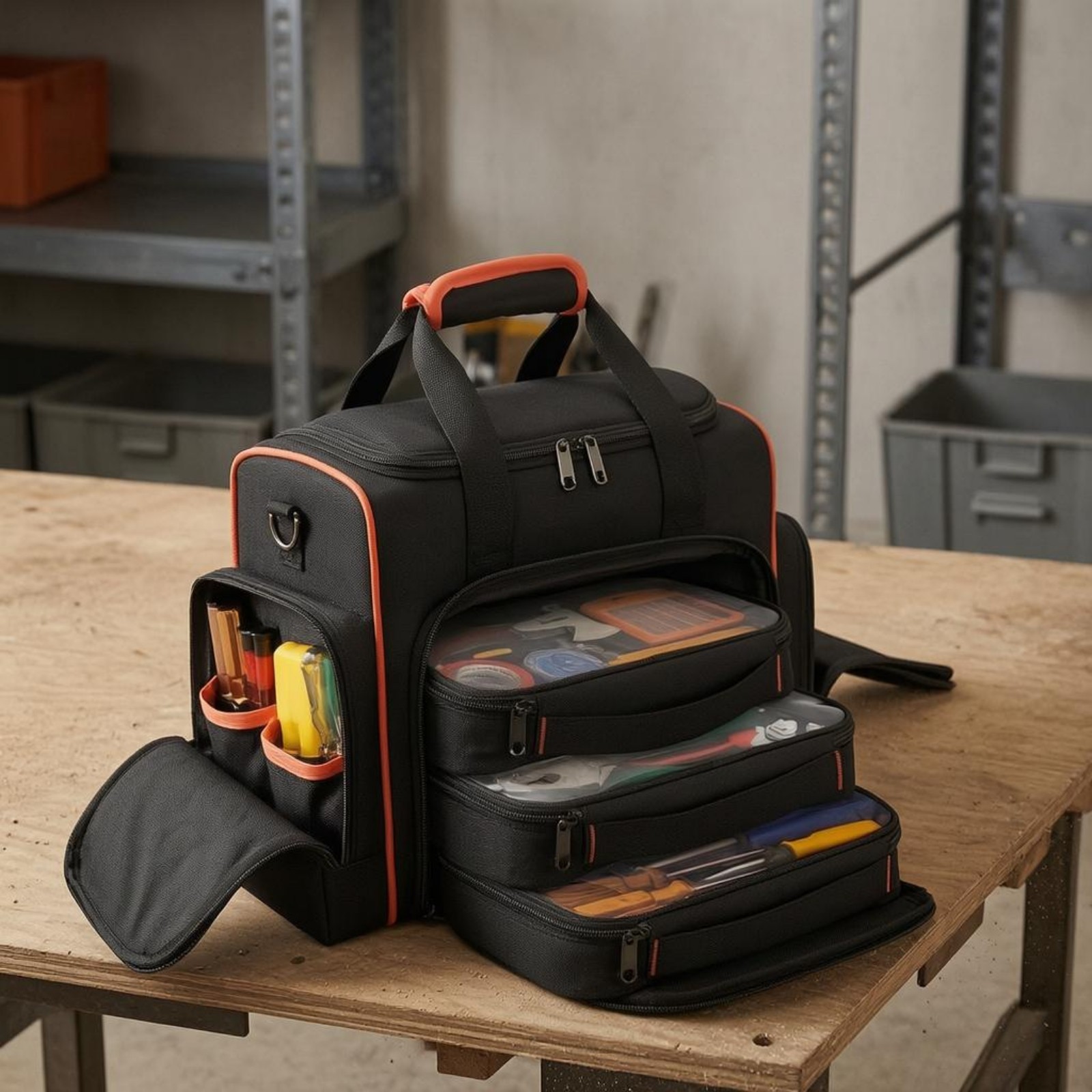 Electrician Tool Bag Tangerine-Accented Three-Piece for Work Location