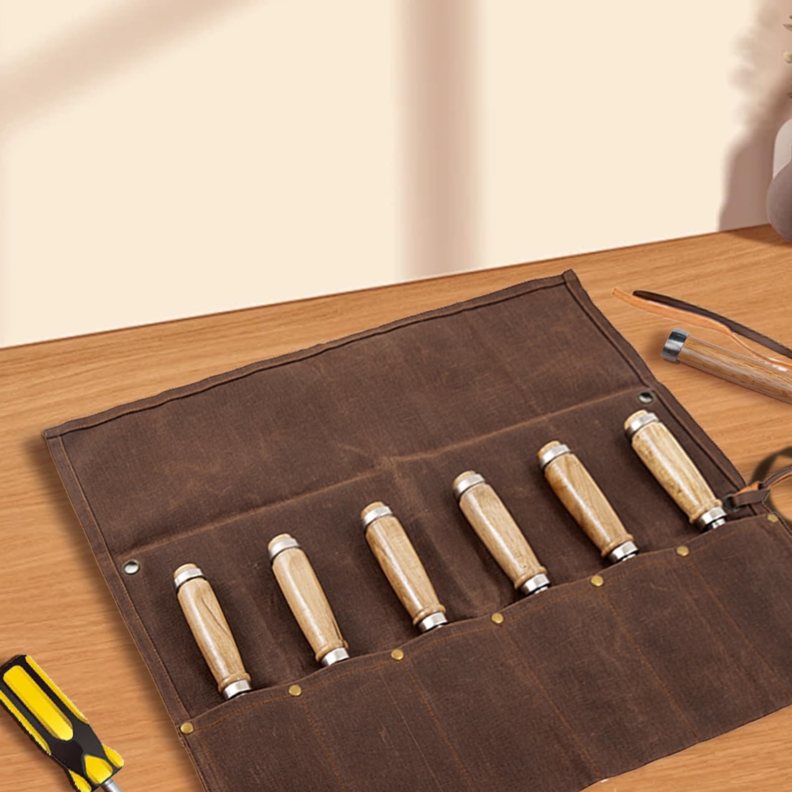 Baizoy Chisel Roll,6 Pockets Roll Up Tool 18.91″ L x 18.11″ H, Brown