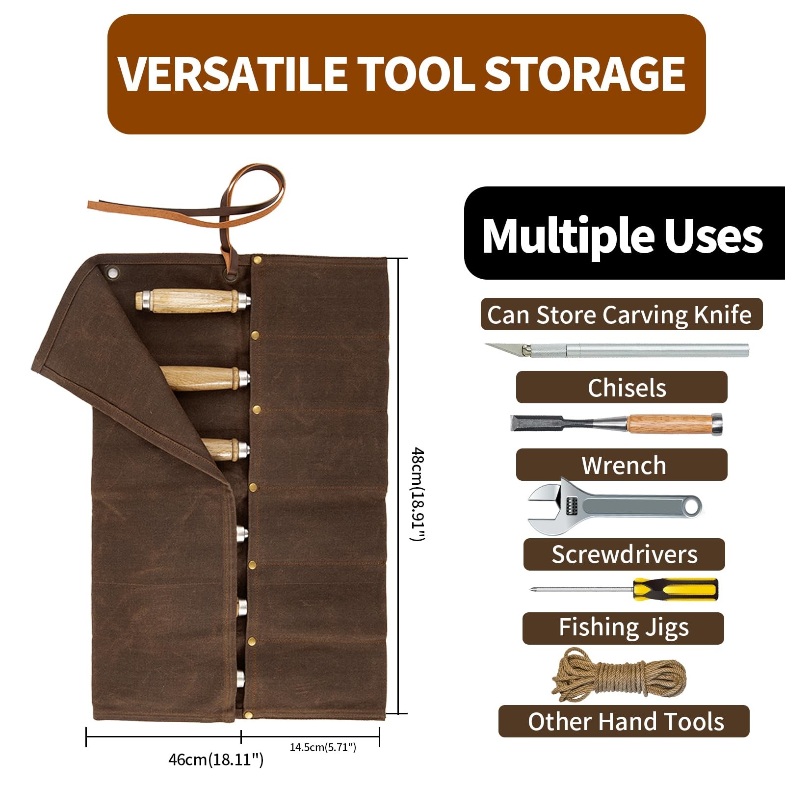 Baizoy Chisel Roll,6 Pockets Roll Up Tool 18.91″ L x 18.11″ H, Brown