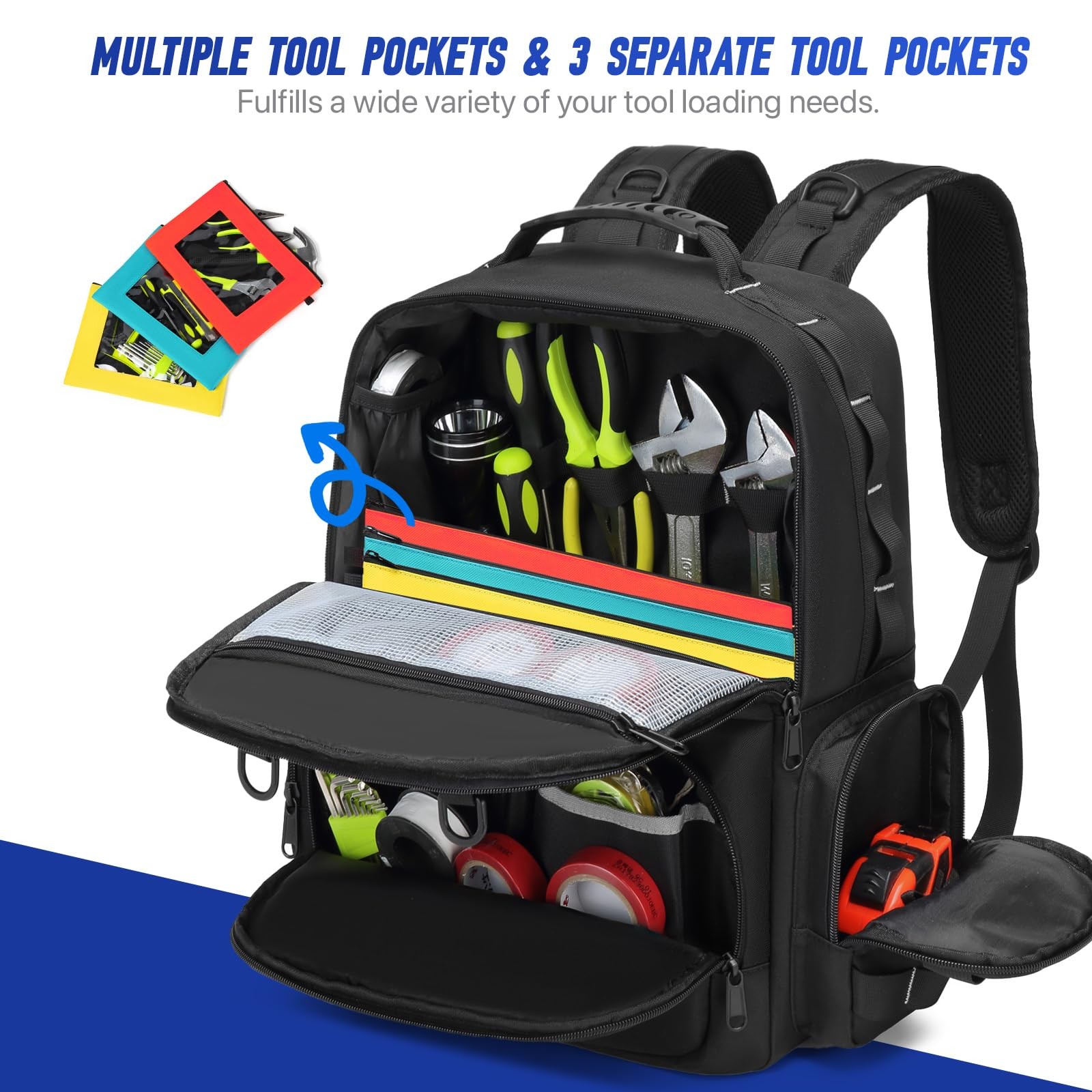 Heavy Duty Tool Backpack Organizer with 3 Pouches for Electricians Technicians