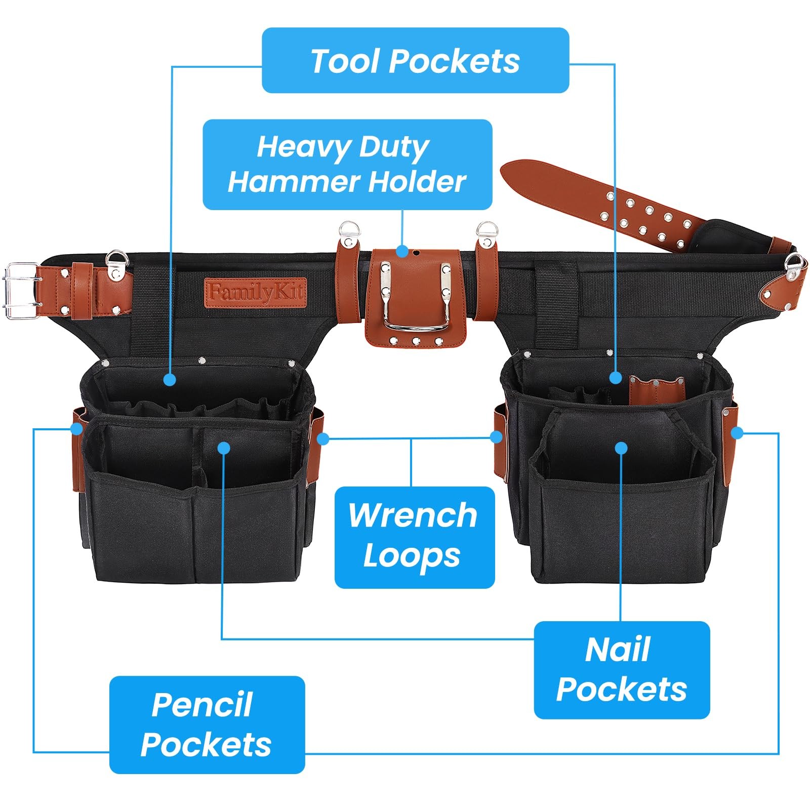 PU Leather Tool Belt, 23 Pockets Work Tools Bag Belts for Men Heavy Duty Wais