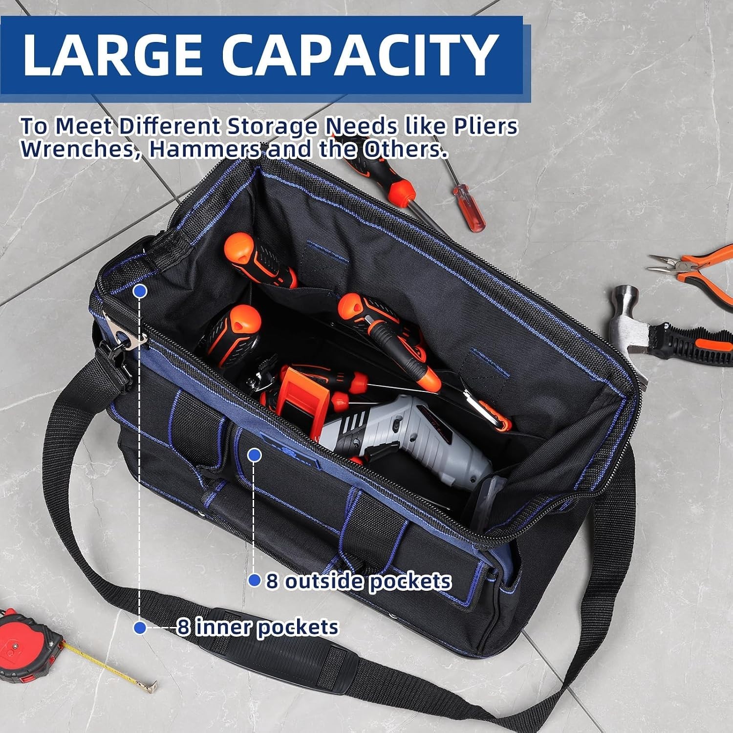 Tool Bag 16”, Multi-pocket Tool Organizer with Water Proof Plastic Base, Hea…