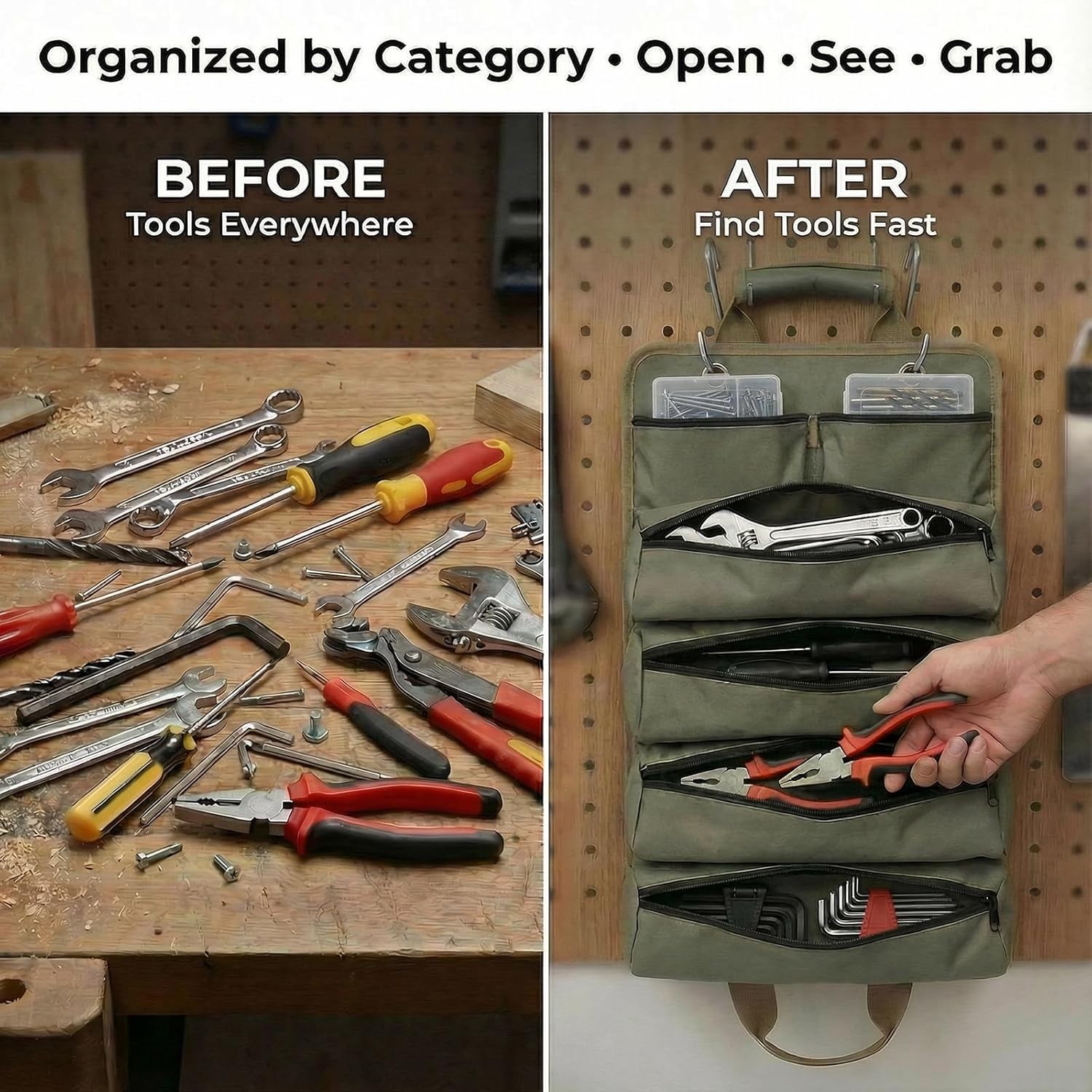 Tool Bag for Hand Tools: 6 Zipper Pockets Keep Tools Sorted – Hang-Open Access o