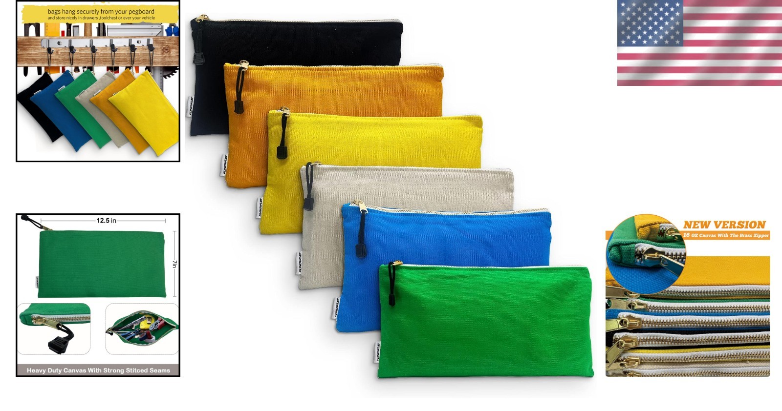 Washable 6 Pack Canvas Tool Bag Set – Heavy Duty, Durable, 12.5 x 7-Inch Pouches