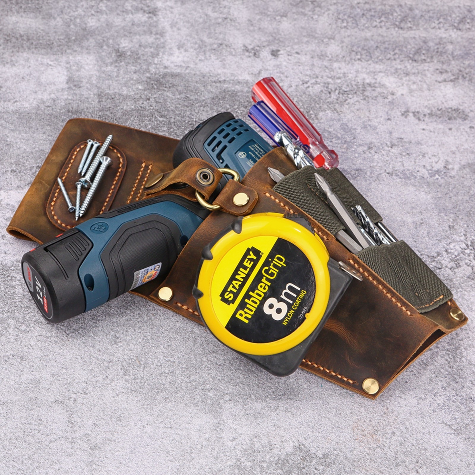 Leather cordless compact drill holder for tool belt, real leather drill holster
