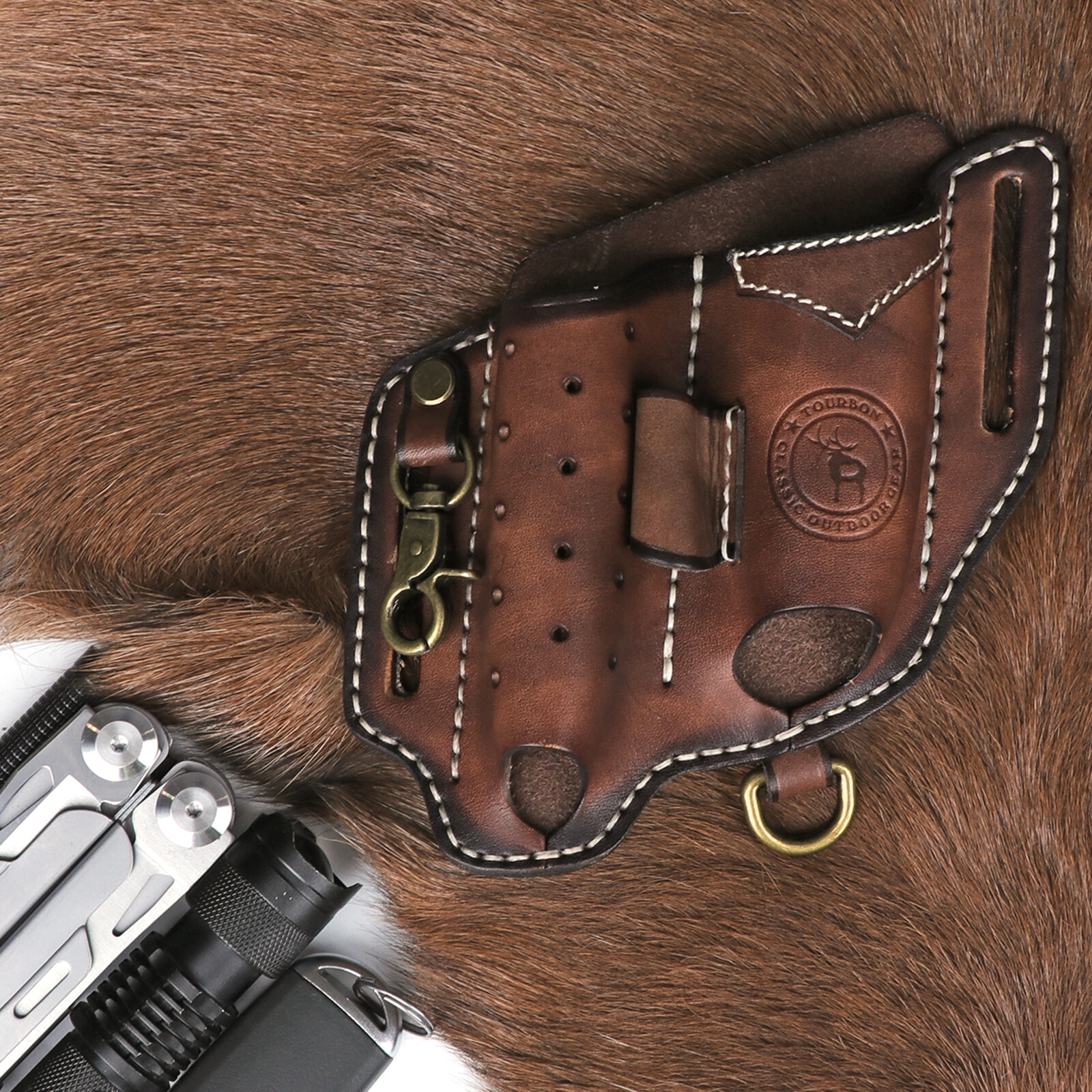 Tourbon Leather EDC Multitool Sheath Flashlight Holder Pen Belt Holster Camping
