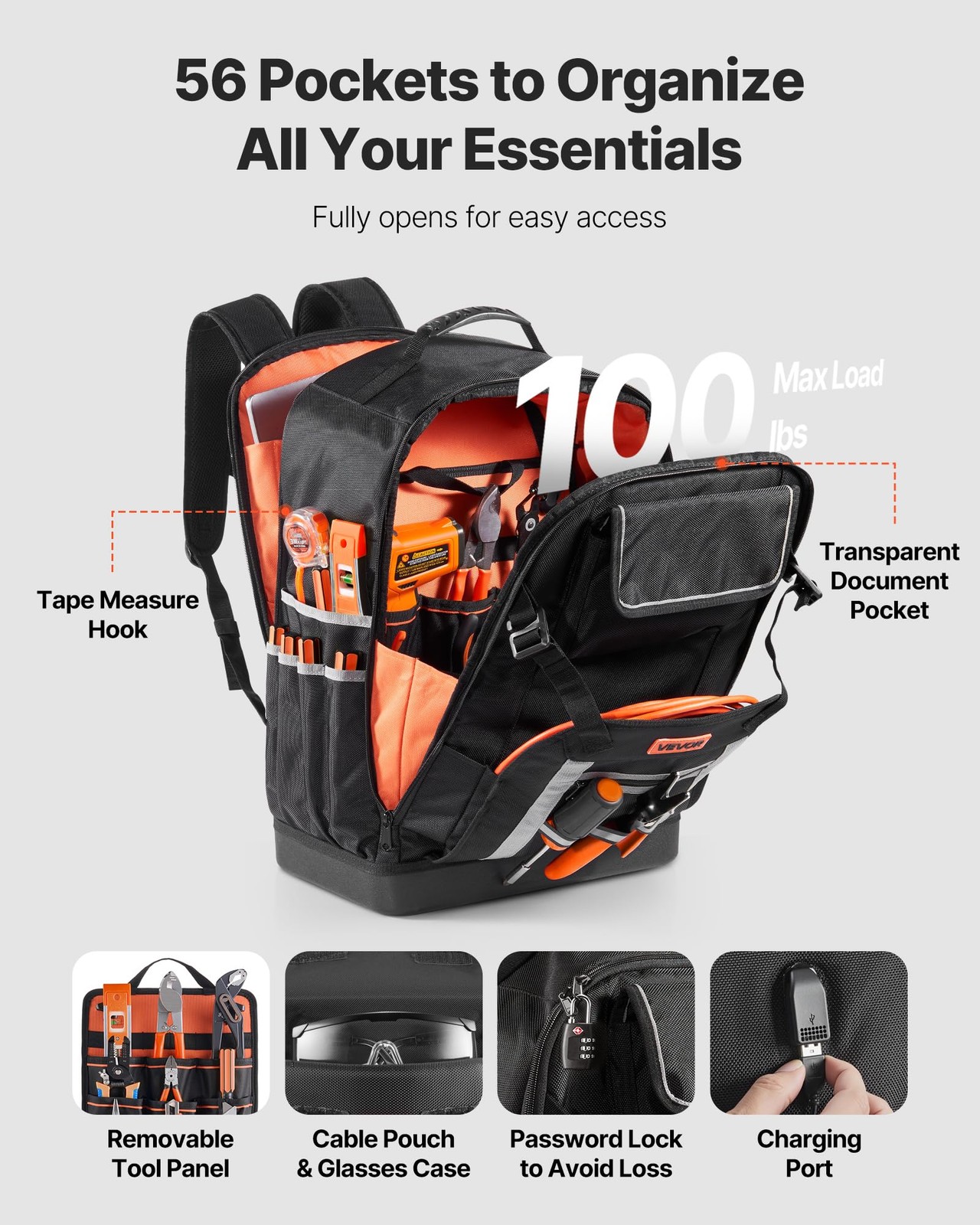 VEVOR Tool Backpack, 56 Pockets, Heavy-duty Tools Storage 56 Black